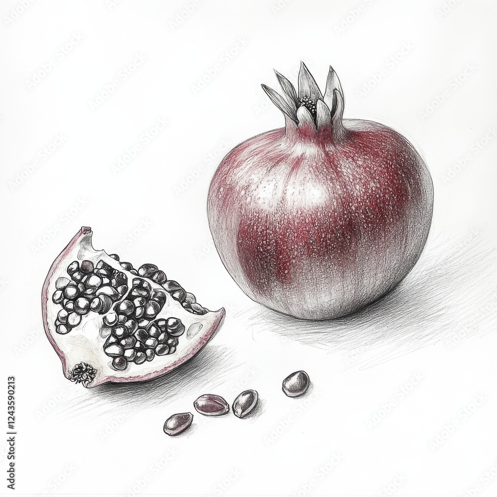 Poster Pomegranate and its scattered seeds create a vibrant display of nature's bounty in a simple setting