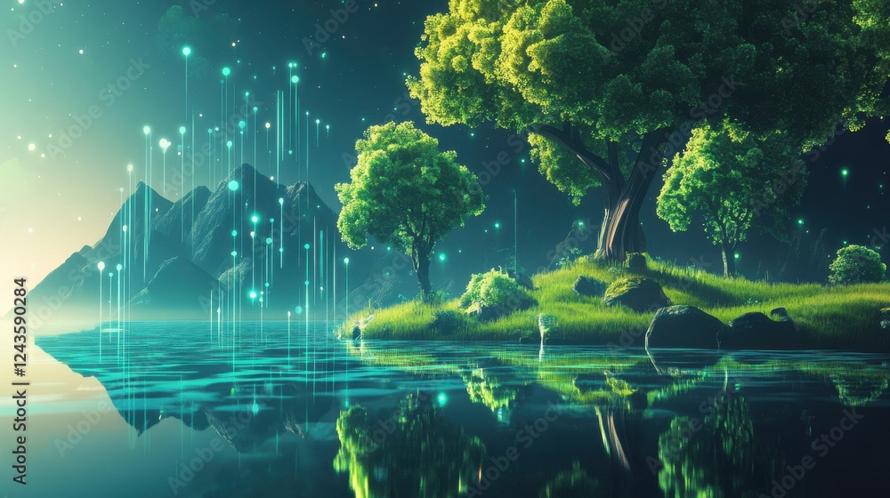 Poster exploring a serene landscape with luminous trees and gentle waters at twilight reflecting majestic m