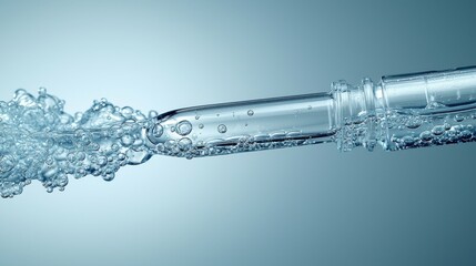 A close-up shot of a pipette filled with face serum or essential oil, with oxygen bubbles in the liquid, set against a smooth grey background, emphasizing the beauty and skincare concept.
