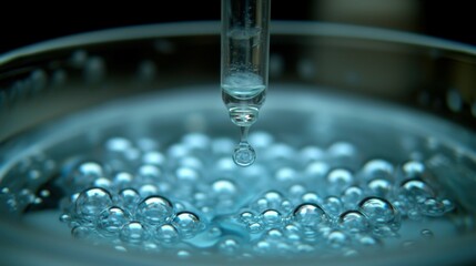 Focused image of a pipette dispensing essential oil or face serum with oxygen bubbles in the fluid, set on a soft grey background, highlighting the essence of luxury skincare products.