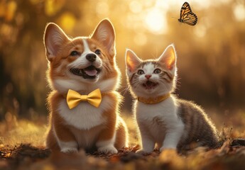 Obraz premium Adorable dog and cat duo enjoy a sunny autumn day with a butterfly overhead, showcasing friendship and joy in nature's vibrant colors