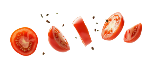 Flying or falling fresh sliced tomatoes on transparent PNG or white background. organic fruit & vegitable.	