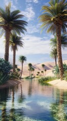 Obraz premium Oasis with palm trees and clear water in desert phone background