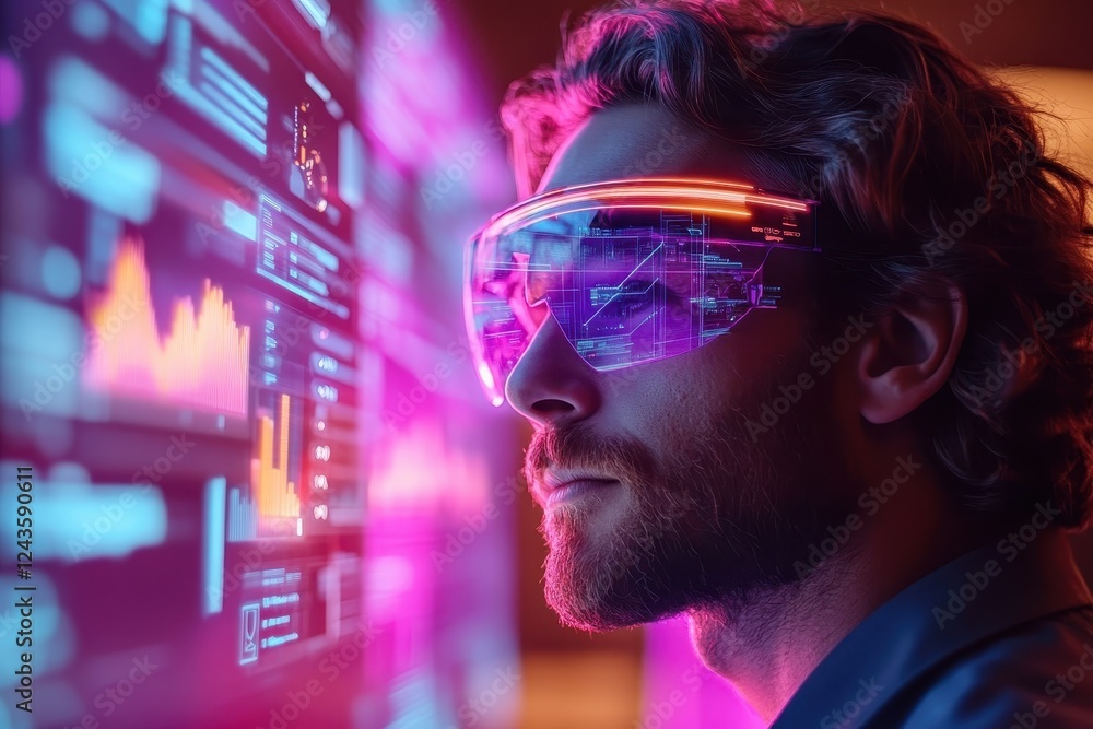 Poster man wearing glasses staring at computer screen in a modern workspace environment