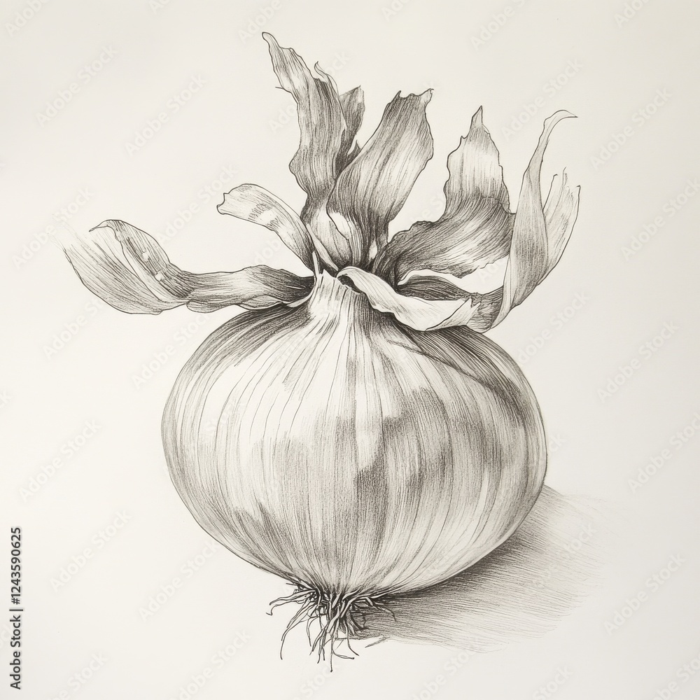 Poster Peeled onion revealing curled layers in a detailed sketch showcasing its natural texture and form at an artistic setting
