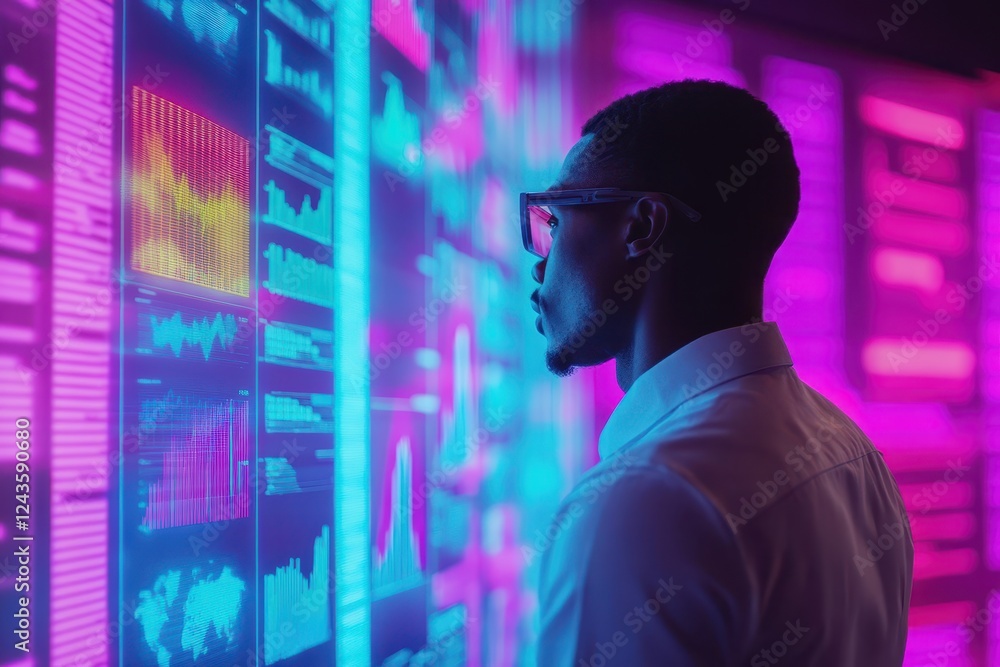 Poster man in white shirt observing data on computer screen in a modern office setting