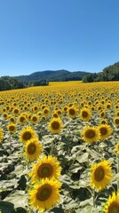 Naklejka premium Field of bright yellow sunflowers under blue sky phone background
