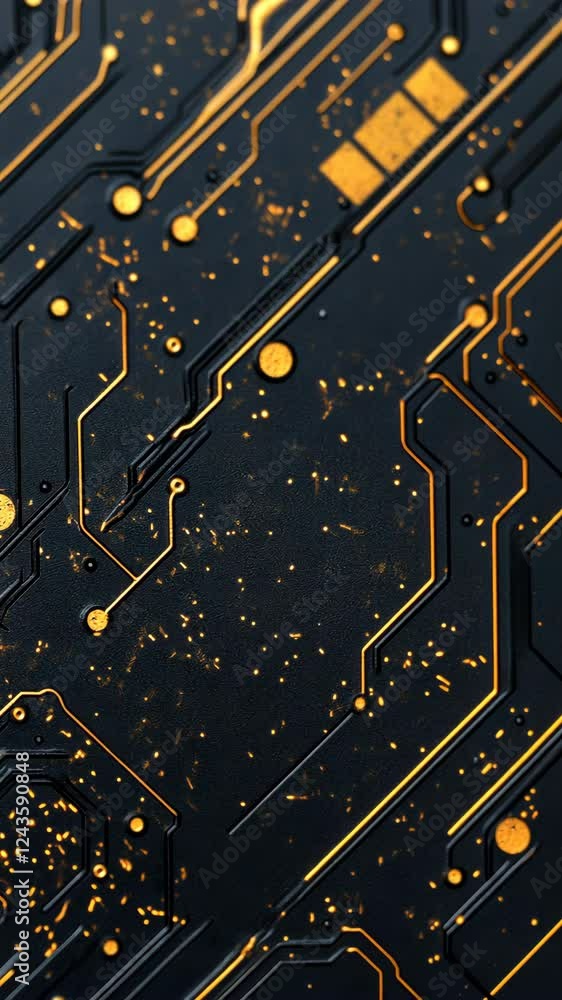 Poster abstract close-up of a black circuit board with golden patterns and intricate designs showcasing tec