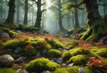 Vibrant moss flowers amidst the trees and undergrowth of a deep forest, greenery, botanicals
