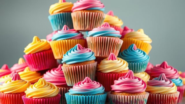 Vibrant multicolored cupcakes stacked in a tower, layers, dessert