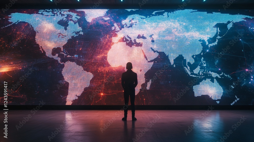 Aufkleber businesswoman standing in dark room looking at large digital display showing world map with network 