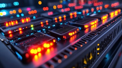 Obraz premium Close-up of illuminated server components in a data center showcasing vibrant LED activity