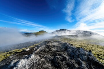 Wide Angle View of Geothermal Power Station in Mist