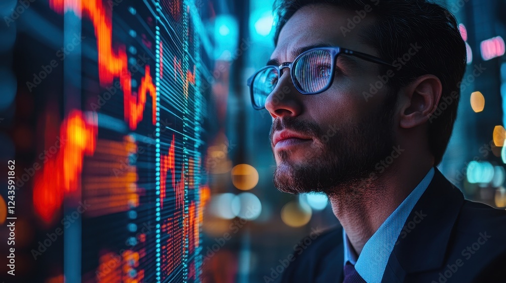 Poster man with glasses analyzing stock market data on digital screen in modern office setting