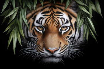 Tiger face surrounded by bamboo leaves