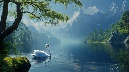 A graceful swan gliding across a serene lake