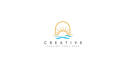 wave with palm tree, Beach, Holiday logo design