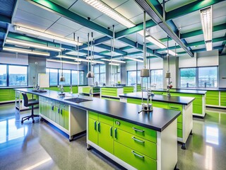 Panoramic View of University Science Lab with Fume Hoods & Safety Equipment