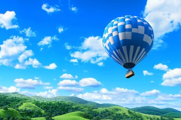 Obraz premium Hot Air Balloon Soaring Over Rolling Hills - A vibrant blue and white hot air balloon floats gracefully above picturesque green hills under a bright blue sky, symbolizing adventure, freedom, serenity