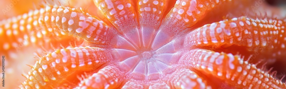 Poster captivating details of a starfish's central disk showcasing vibrant textures and colors