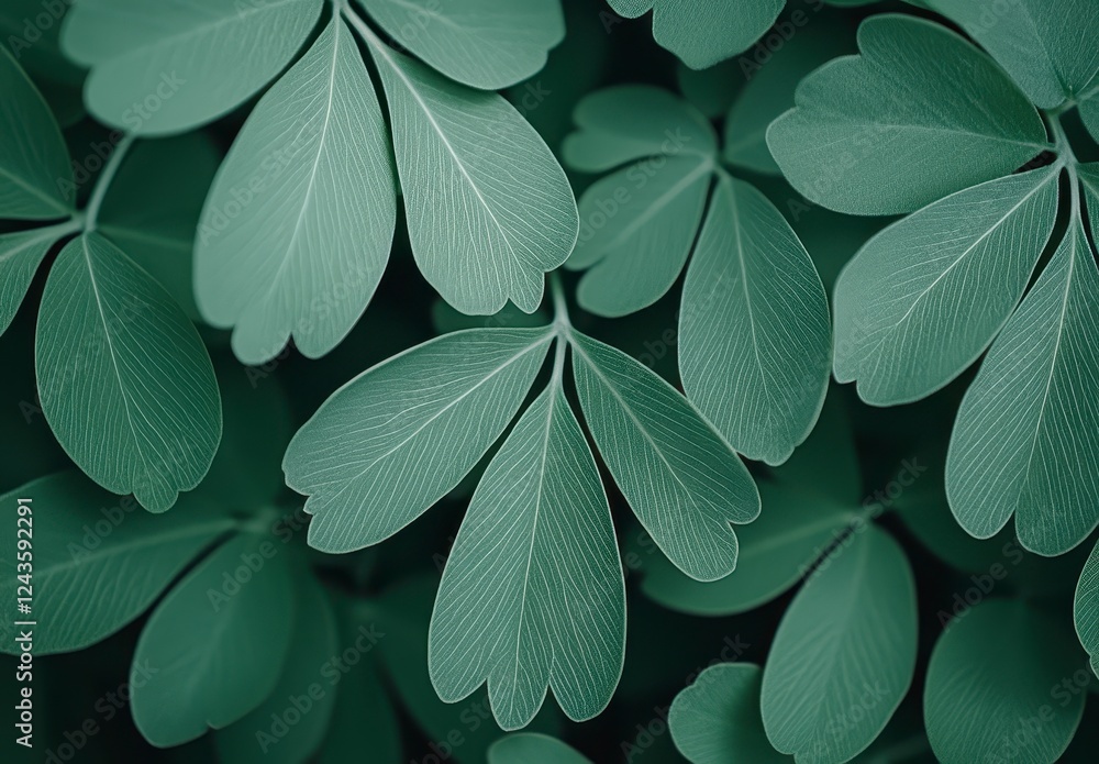 Poster close up view of lush green leaves with a subtle texture and light speckles, creating a serene and n