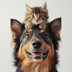 Adorable Dog with Playful Kitten Sitting on Head Capturing a Heartwarming Moment of Animal Friendship and Joy in Studio Setting