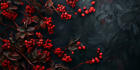 Vibrant red berries and dark leaves arranged artistically on a textured dark background, creating an elegant natural composition.

