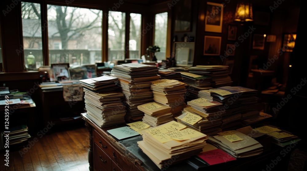 Poster stacks of books and papers on a wooden desk in a dimly lit room with large windows showing a wintery