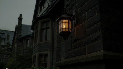 Rainy evening scene, dimly lit lantern on a dark brick wall, old buildings in the background