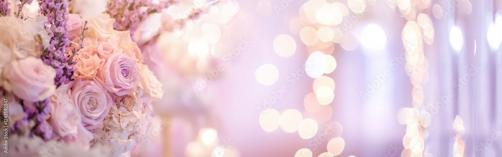 Aufkleber Soft lavender floral arrangement blending with warm bokeh lights for a serene ambiance in an elegant setting