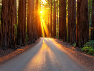 Obraz premium Sunlight filters through tall trees on serene forest road