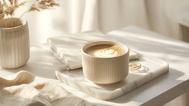 A calming morning moment with a cup of latte art coffee, enjoyed in soft sunlight.