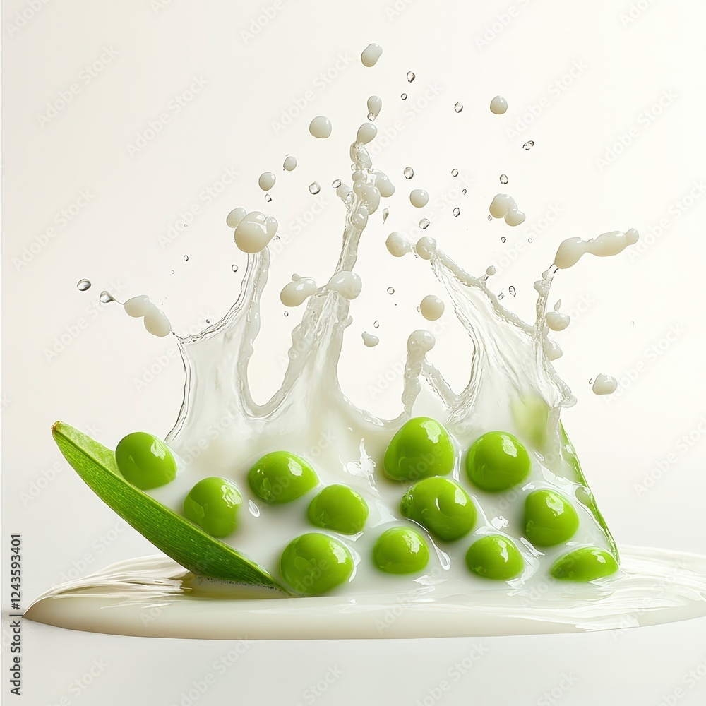 Poster fresh green peas in a creamy white liquid, splashing and creating a dynamic visual effect against a 