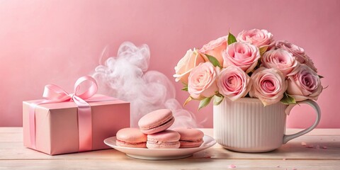 A Pink Gift Box, Roses in a Mug, and Delicate Macarons on a Table