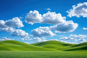 Fototapeta premium Serene Green Hills Under a Clear Blue Sky with Fluffy White Clouds in a Picturesque Landscape