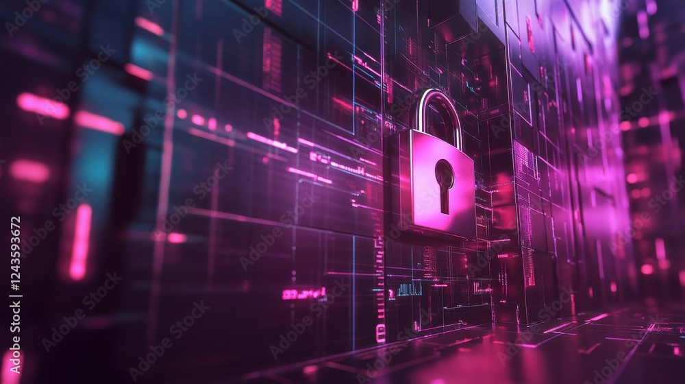 Poster dynamic blend of encrypted data streams with a prominent lock symbolizing digital security
