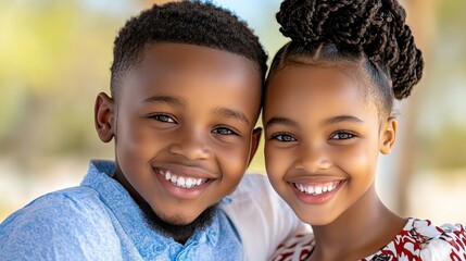 Two Joyful Children Smiling Together in Bright Outdoor Setting