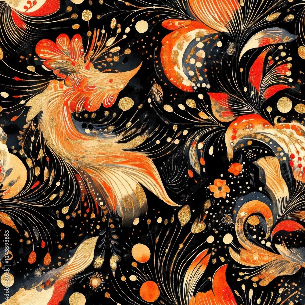 Poster Dynamic doodle cartoon with vibrant watercolor patterns showcasing abstract shapes and flowing designs in bright colors against a dark background