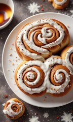 Fototapeta premium Warm cinnamon roll with white icing and sprinkles on a plate, springtime treats, breakfast dessert, holiday baking