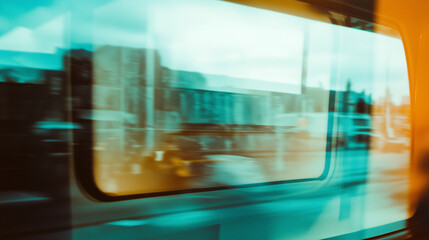unfocused cinematic background with green and yellow tones, motion blur backdrop photo taken from the interior of a moving bus