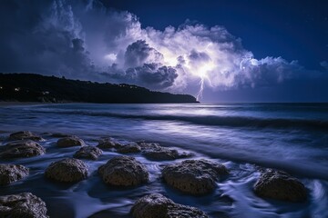 Obraz premium Nighttime Lightning Strike Over Calm Ocean Waves and Rocky Shoreline Under Dramatic Cloudscape