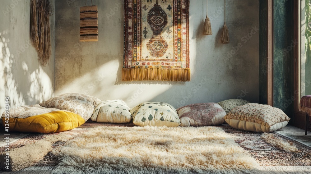 Poster cozy nook filled with patterned floor cushions, enhancing a warm and inviting atmosphere for relaxat