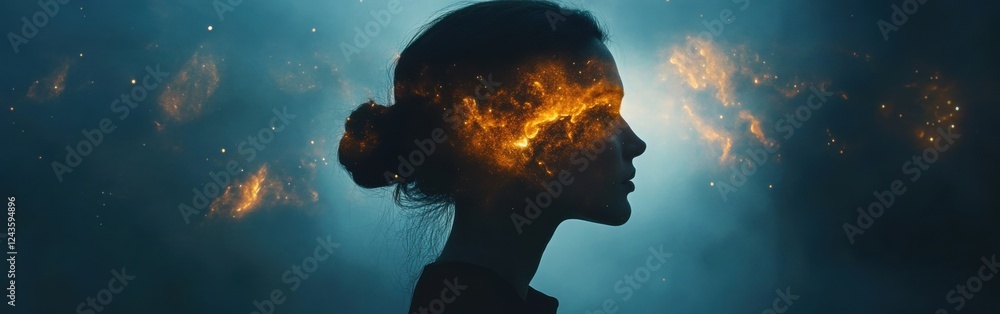 Poster conceptual representation of a woman with a cosmic phenomenon illustrating imagination and creativit