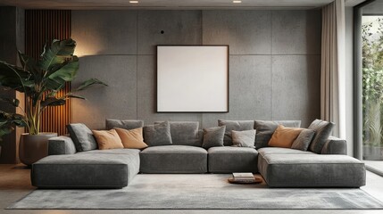 Stylish sofa against concrete wall with mock up blank frame in modern living room