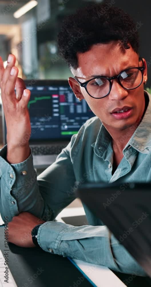 Aufkleber Confused, man and trader for finance in office of discussion, stock market doubt and problem solving. People, talking and tablet with investment fail, cryptocurrency crisis and trading error of value