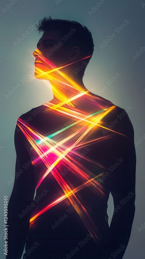 Aufkleber Man glows with vibrant light patterns against a dark background, showcasing creativity and energy in visual art
