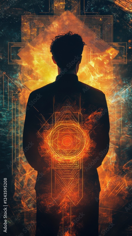Poster conceptual visualization of a man glowing with vibrant energy and intricate patterns in a surreal en