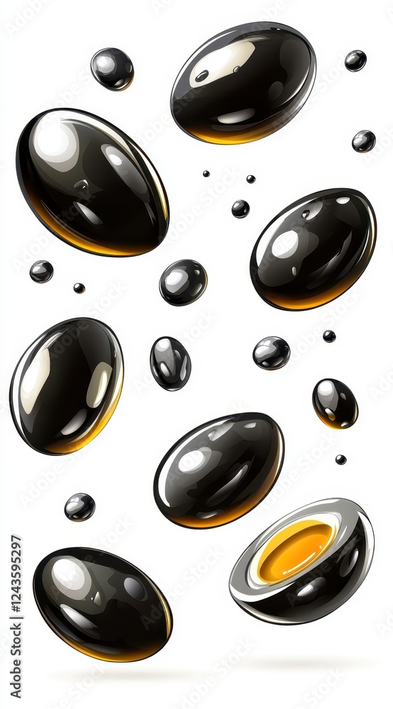 Poster abstract image of glossy black and gold ovals falling against a white background. the ovals vary in 
