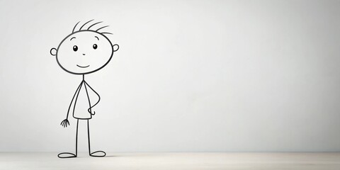 A simple line drawing of a happy child standing against a plain white wall