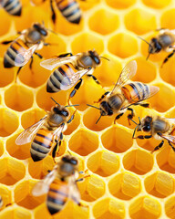 Bees working together on honeycomb, showcasing teamwork and nature beauty